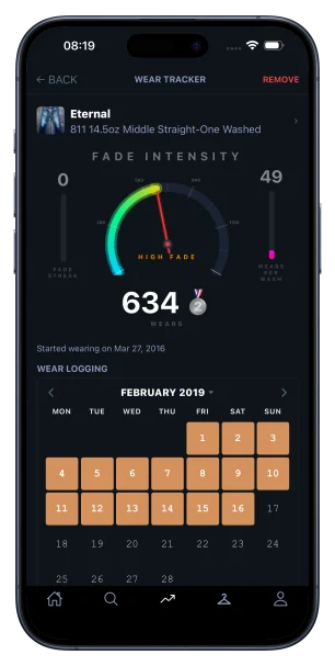 Wear tracker with animated Fade Intensity gauge and wear-logging calendar
