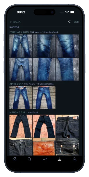 Photo timeline showing a pair of jeans fading from raw indigo to broken-in