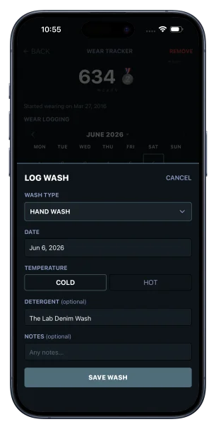 Log Wash form with wash type, date, temperature and detergent